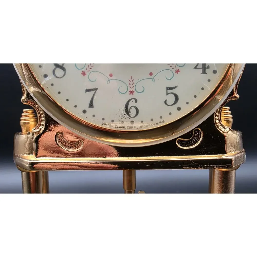 Vintage United Model 975 Brass Anniversary Clock w/ Glass Dome Works - Rare
